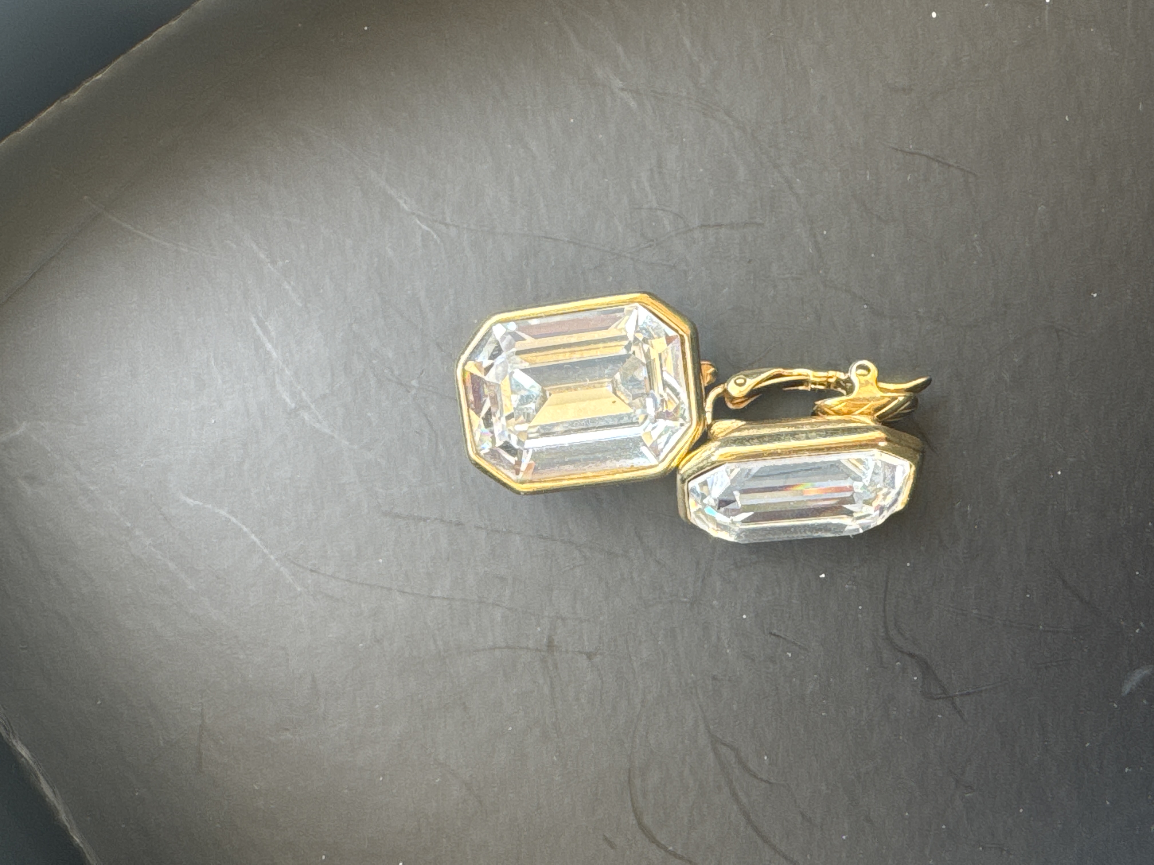 Vintage 復古風金色方形水晶夾式耳環 單件